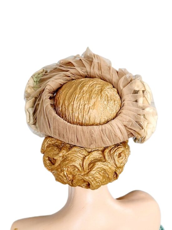 Vintage 1950s Halo Open Crown Hat With Roses And Bows Covered With Tan Netting